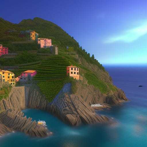 a computer generated image of a village on a cliff overlooking the ocean