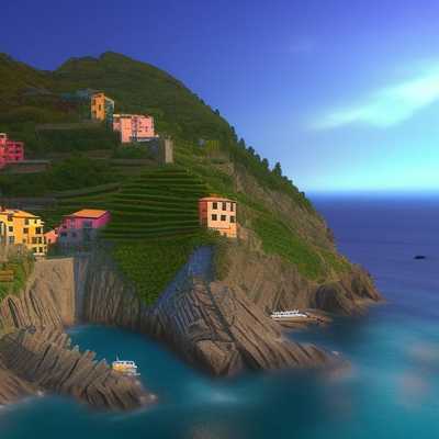 a computer generated image of a village on a cliff overlooking the ocean