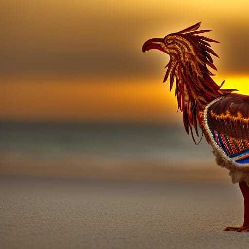 a statue of a rooster on a beach at sunset