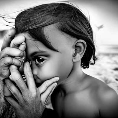 a black and white photo of a little girl covering her face with her hands