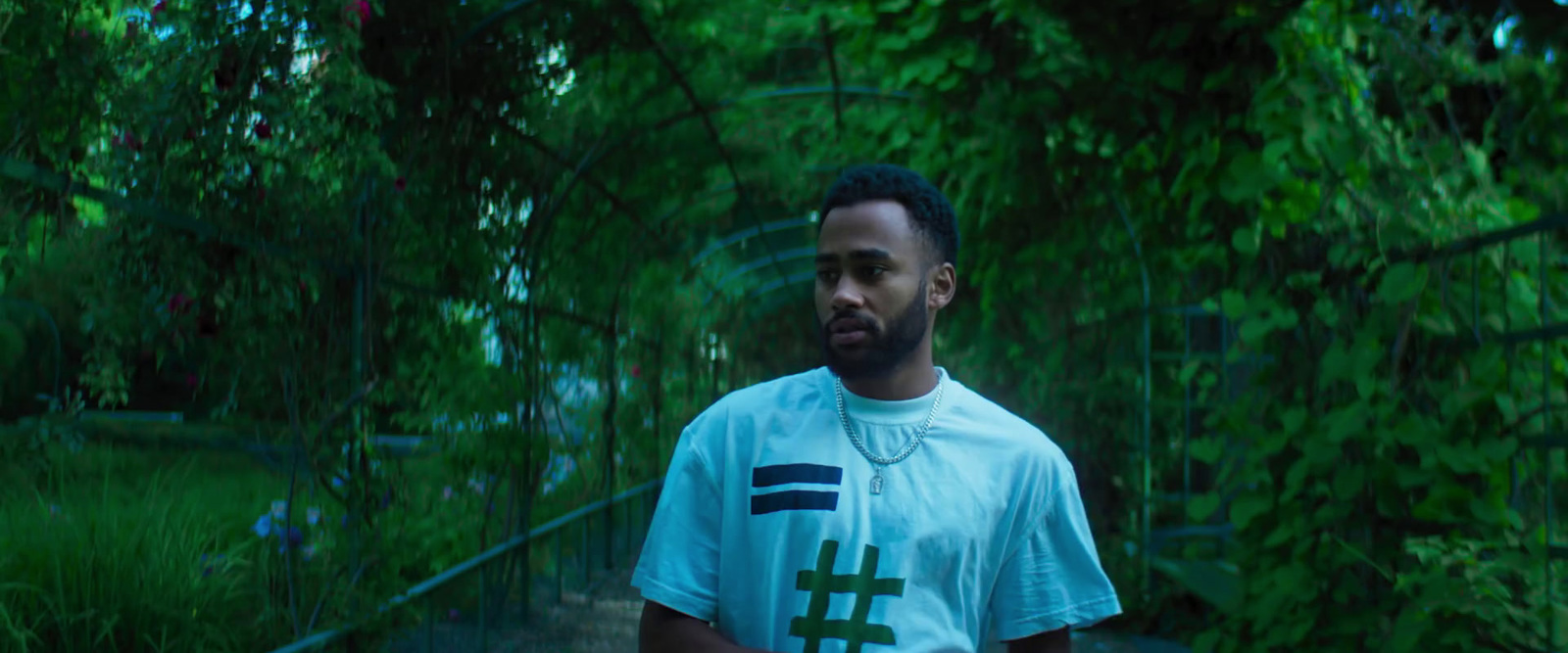 a man in a blue shirt standing in front of trees