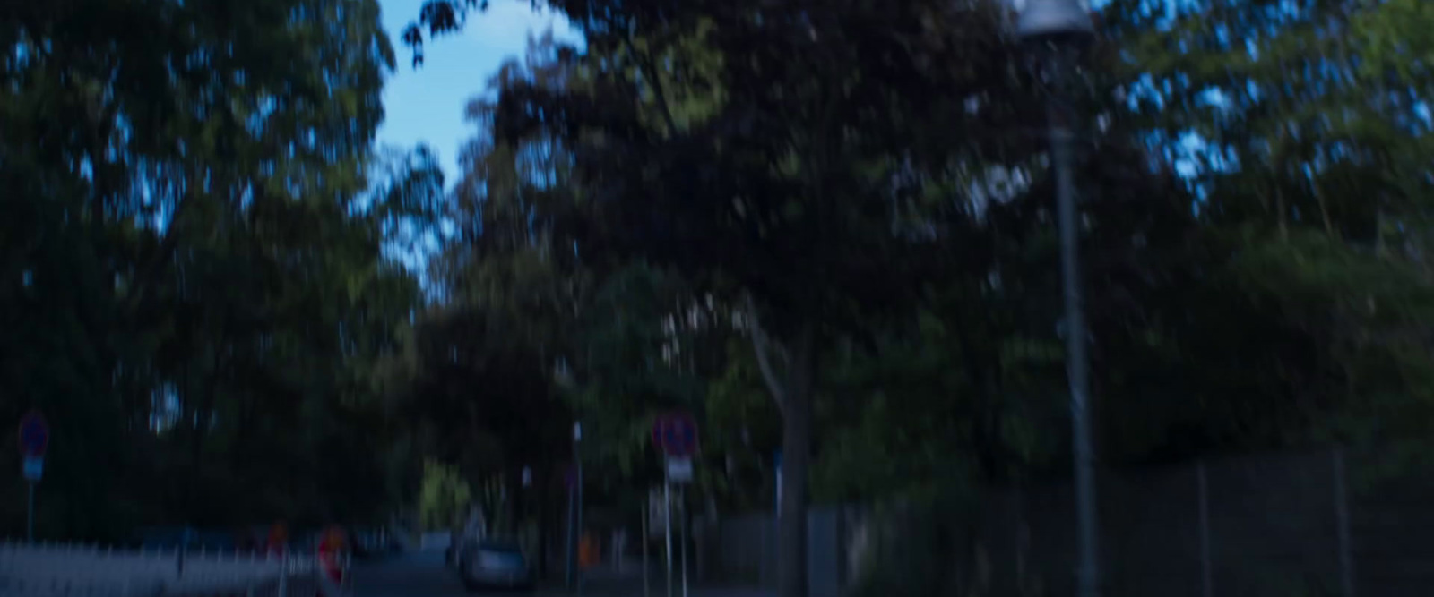 a blurry photo of a street sign and trees