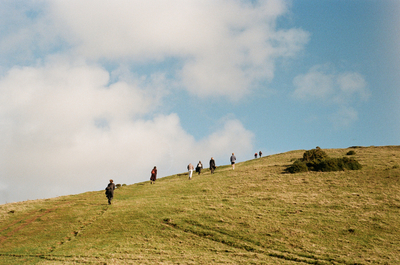 a group of people walking up a grassy hill