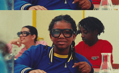 two pictures of a woman wearing sunglasses and a man in a red shirt