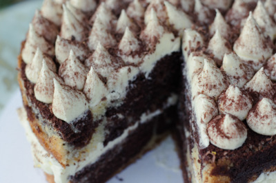 a chocolate cake with white frosting on a white plate