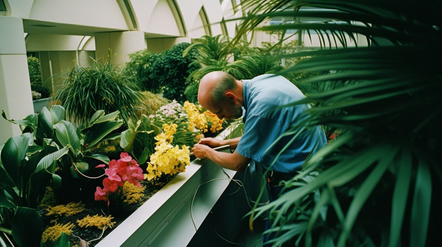 a man tending to a window sill filled with flowers