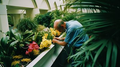 a man tending to a window sill filled with flowers