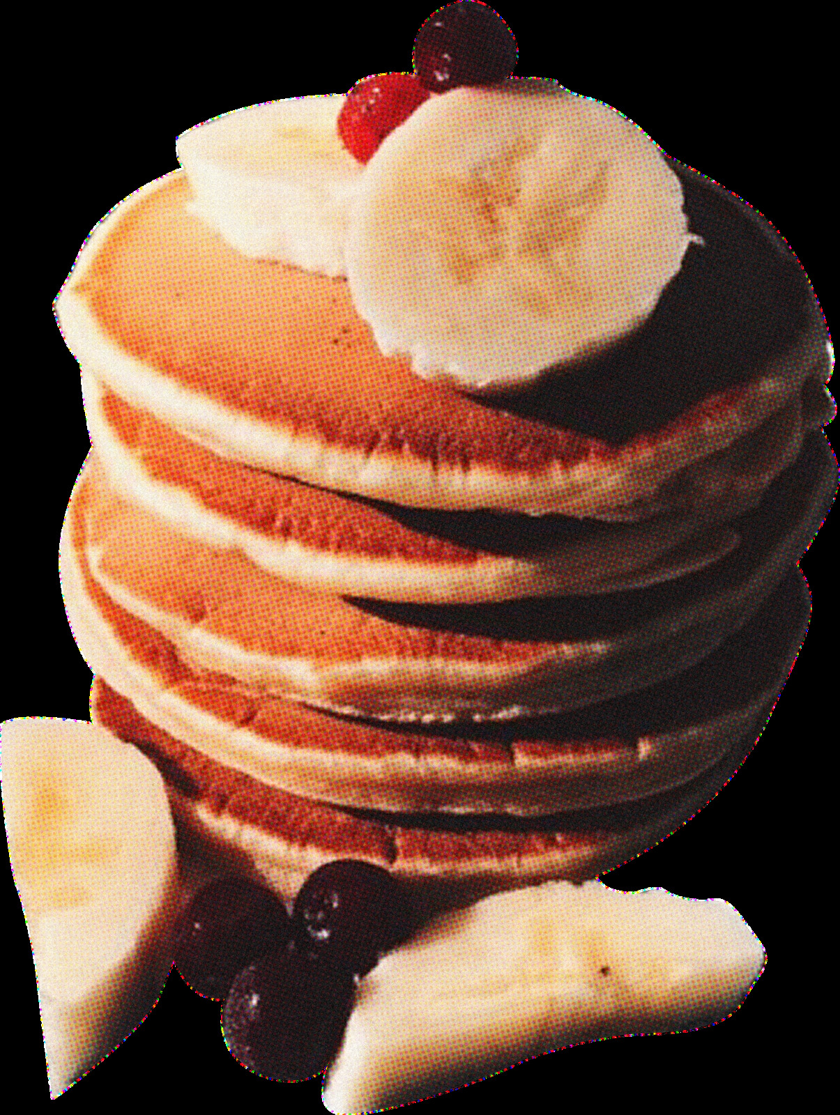 a stack of pancakes topped with bananas and cherries