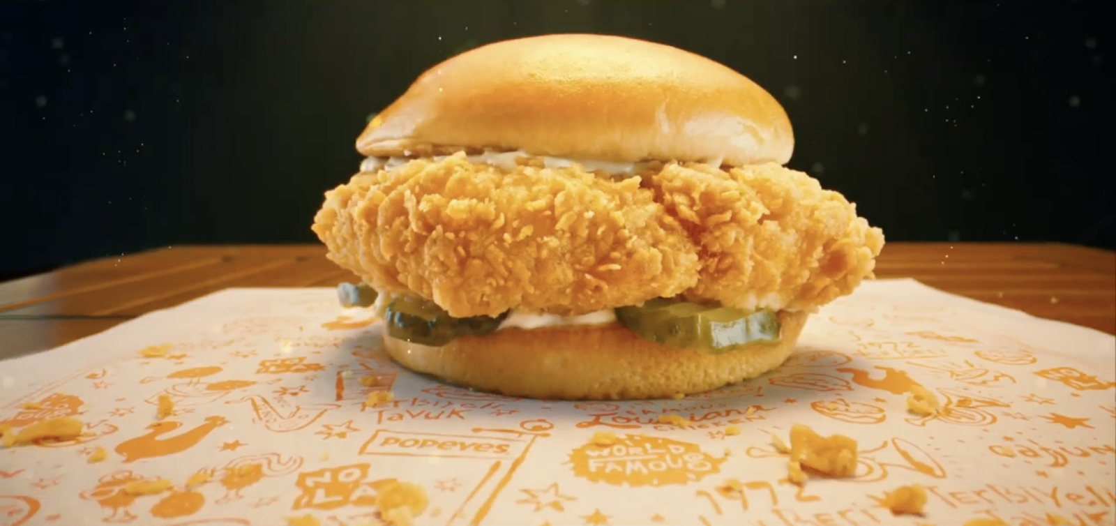 a fried chicken sandwich sitting on top of a table