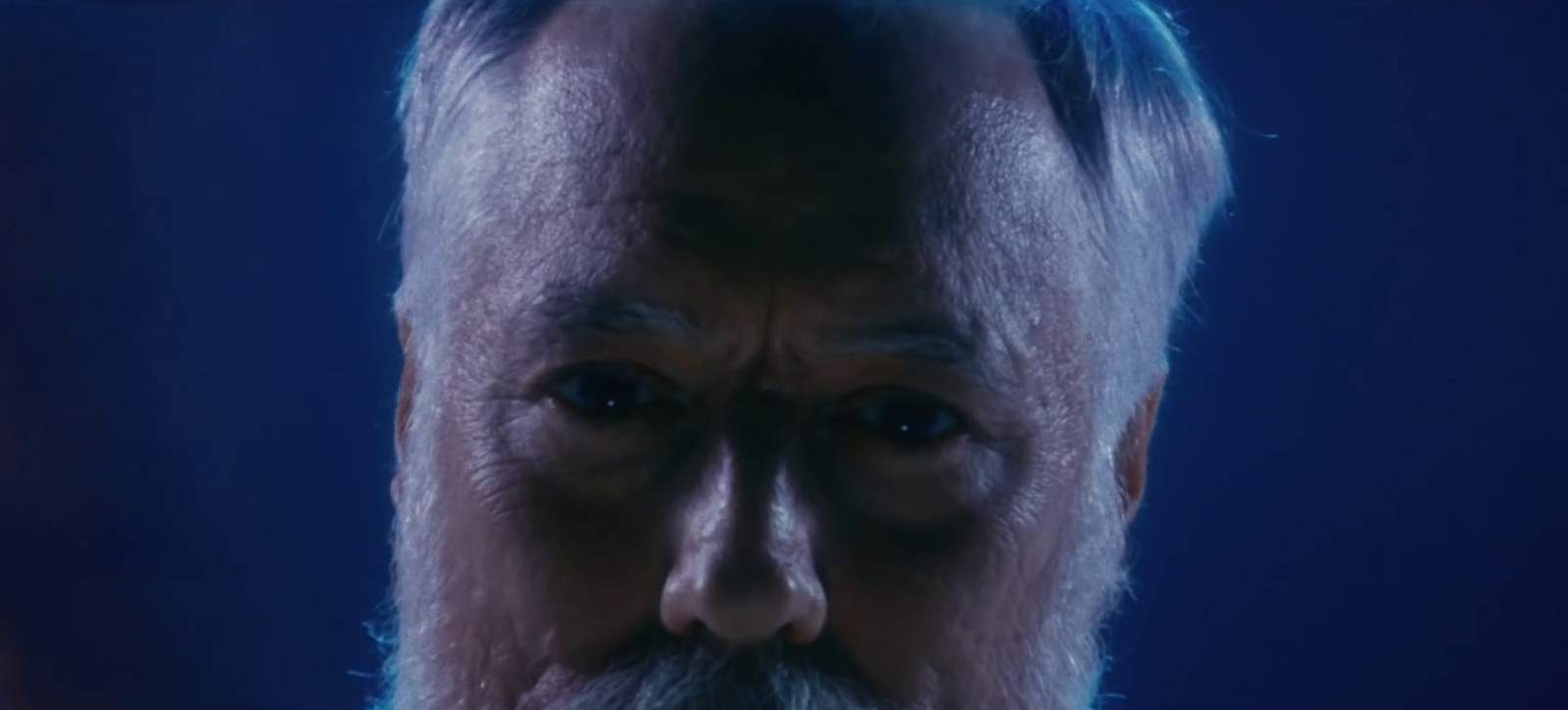 an older man with a white beard stares into the camera