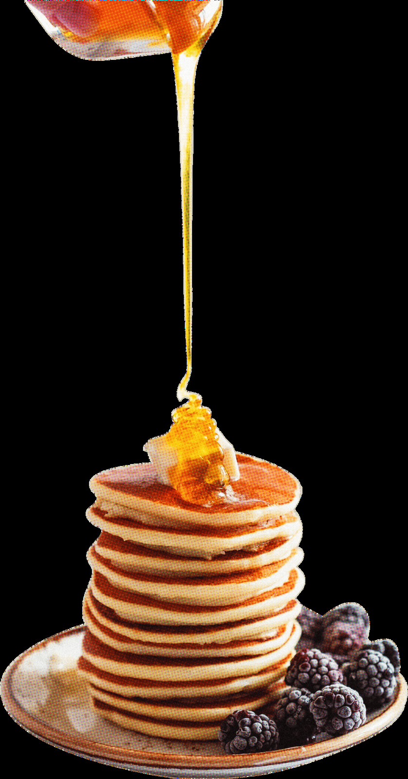 a stack of pancakes with syrup being poured on top