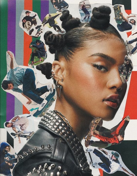 a collage of photos of a woman with her hair in a bun