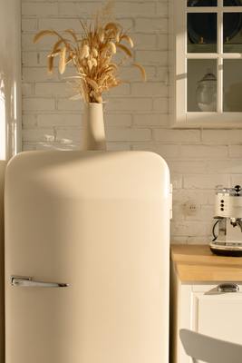 a white refrigerator in a kitchen next to a window