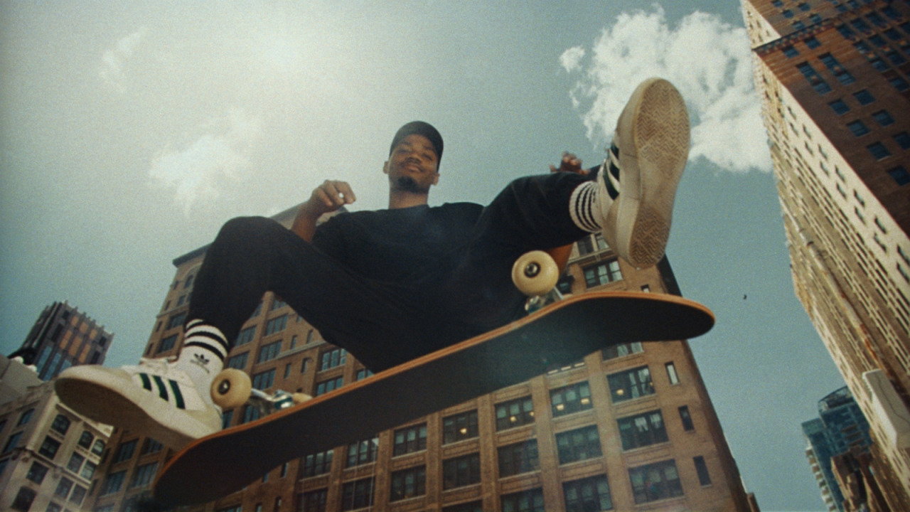 a man riding a skateboard through the air