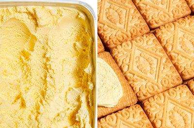 a pan of ice cream next to a pan of cookies