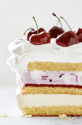 a slice of cake with cherries on top of it