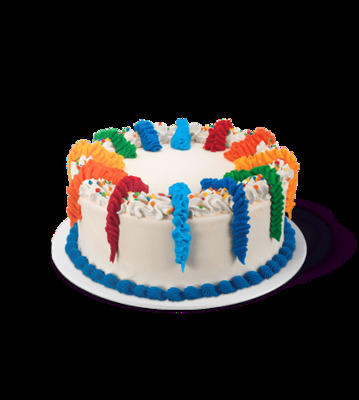 a white cake with multicolored icing on a plate