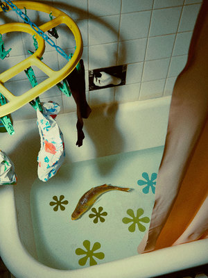 a bathtub with a fish in it next to a shower curtain