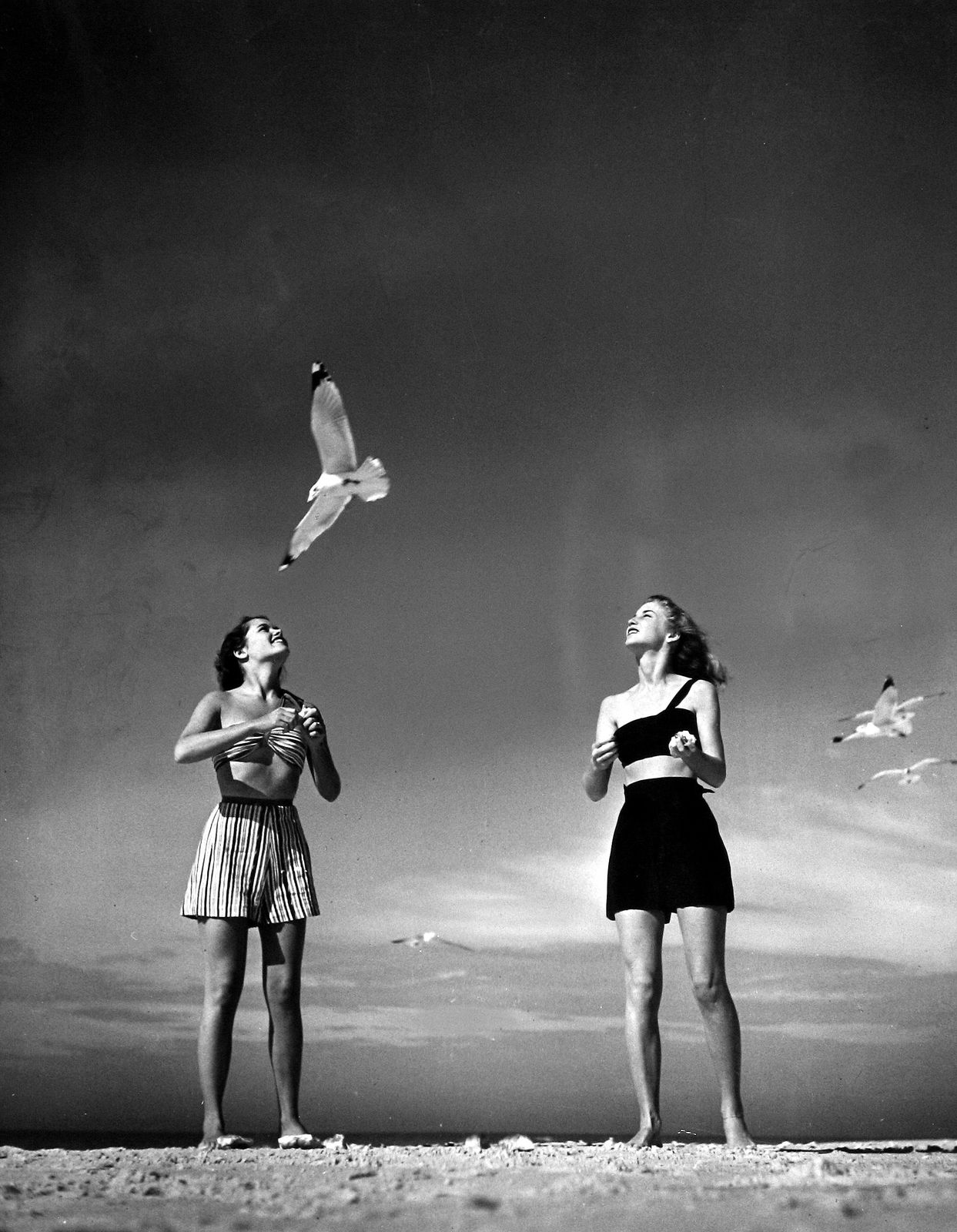 two women standing on a beach flying kites