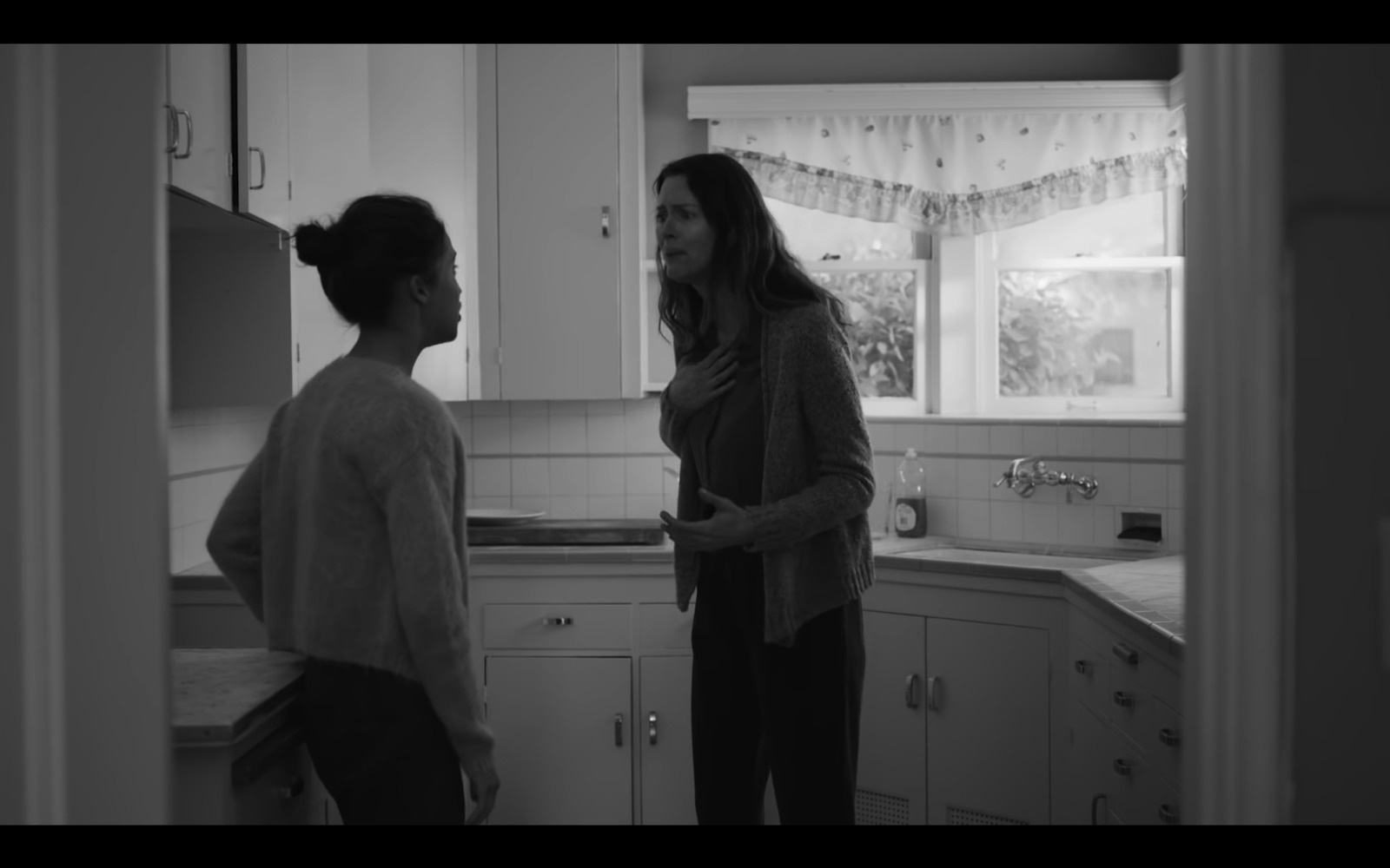 two women standing in a kitchen talking to each other