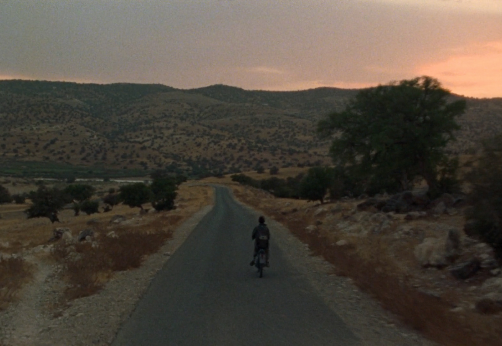 a person riding a bike down a dirt road