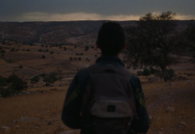 a person standing in a field with a backpack