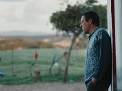 a man standing next to a tree in a field