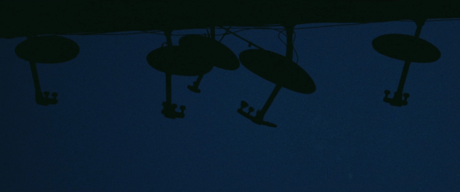 a group of umbrellas hanging from a line in the dark