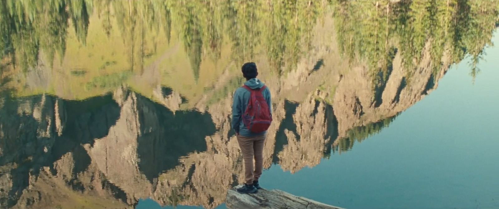 a person standing on a log in front of a lake