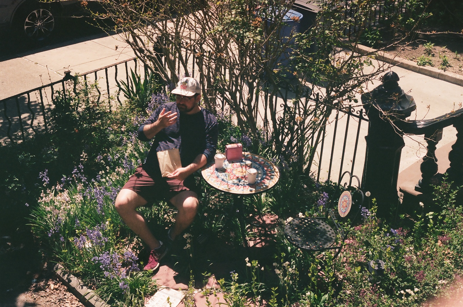 a man sitting on a bench in a garden