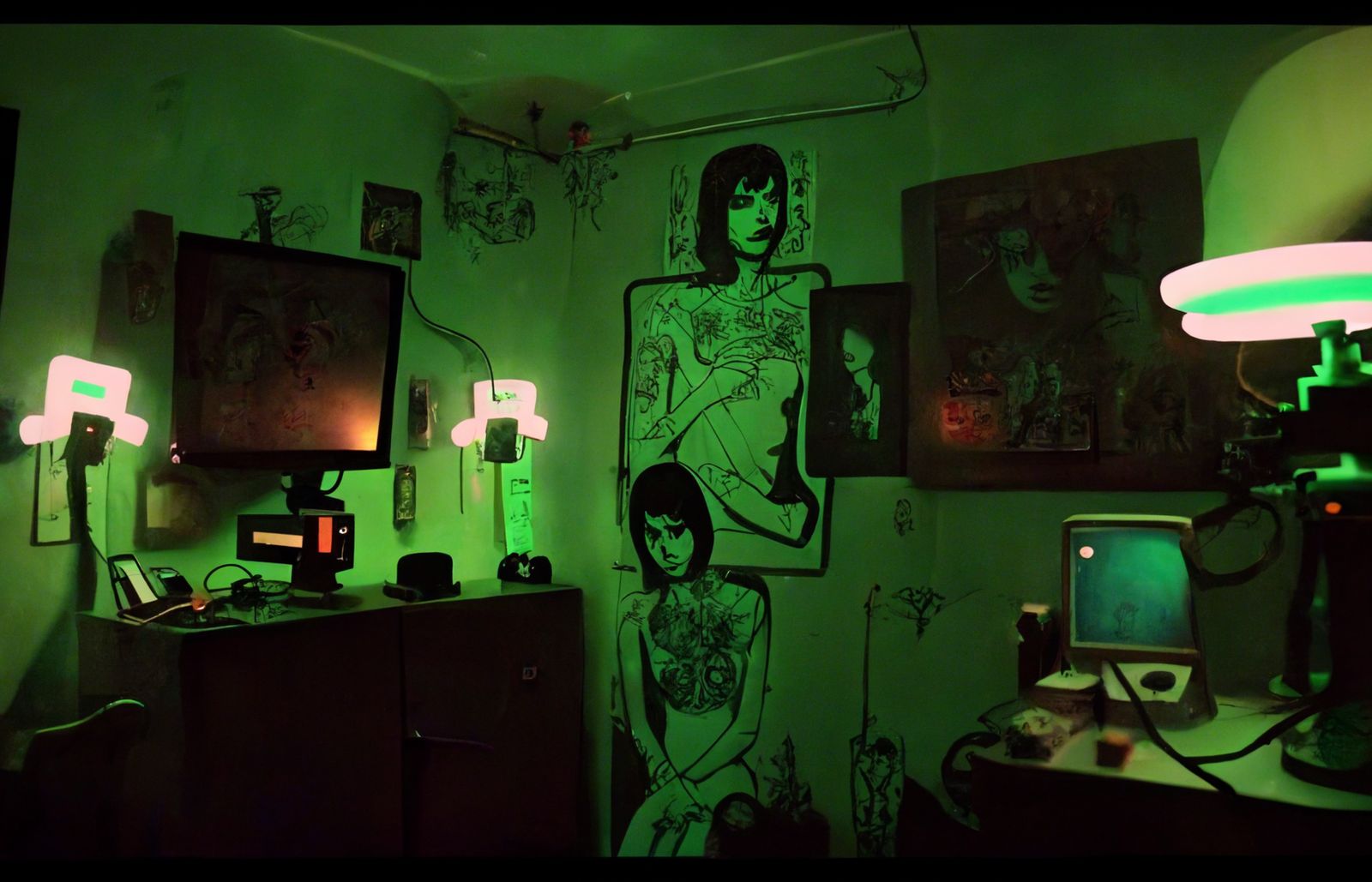 a room with a green light and pictures on the wall