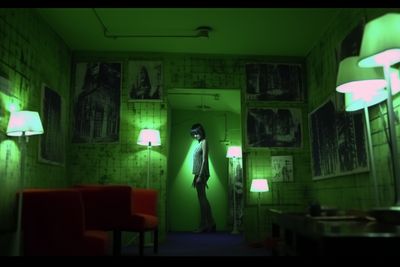 a person standing in a room with green lights