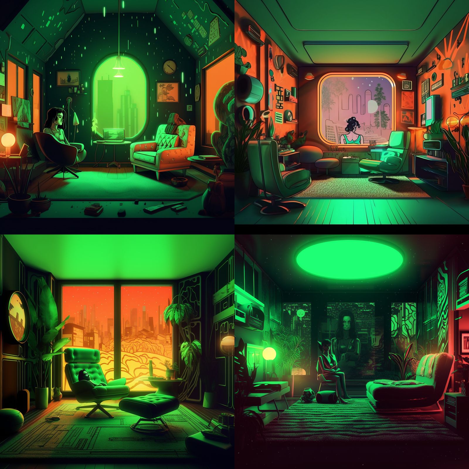 two pictures of a green and red room