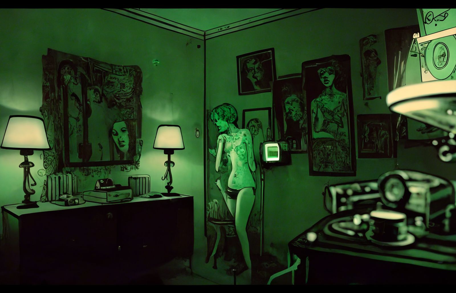 a woman standing in a room with green lighting