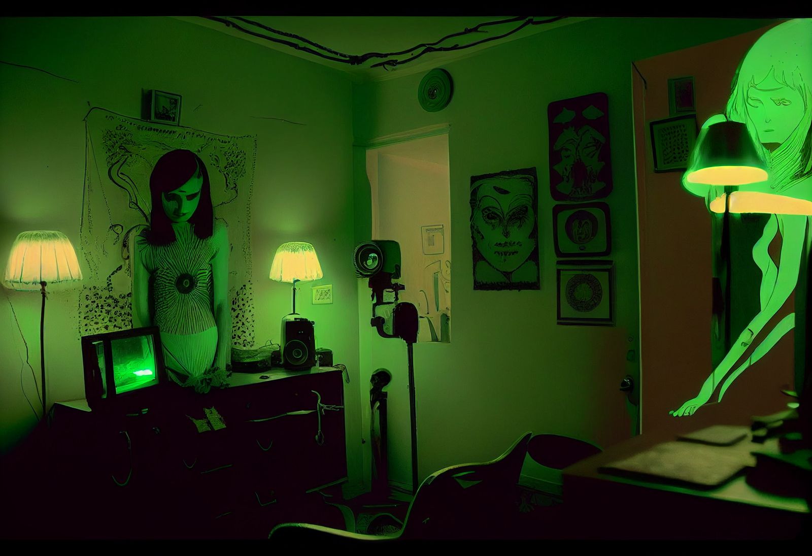 a woman standing in a room with green light