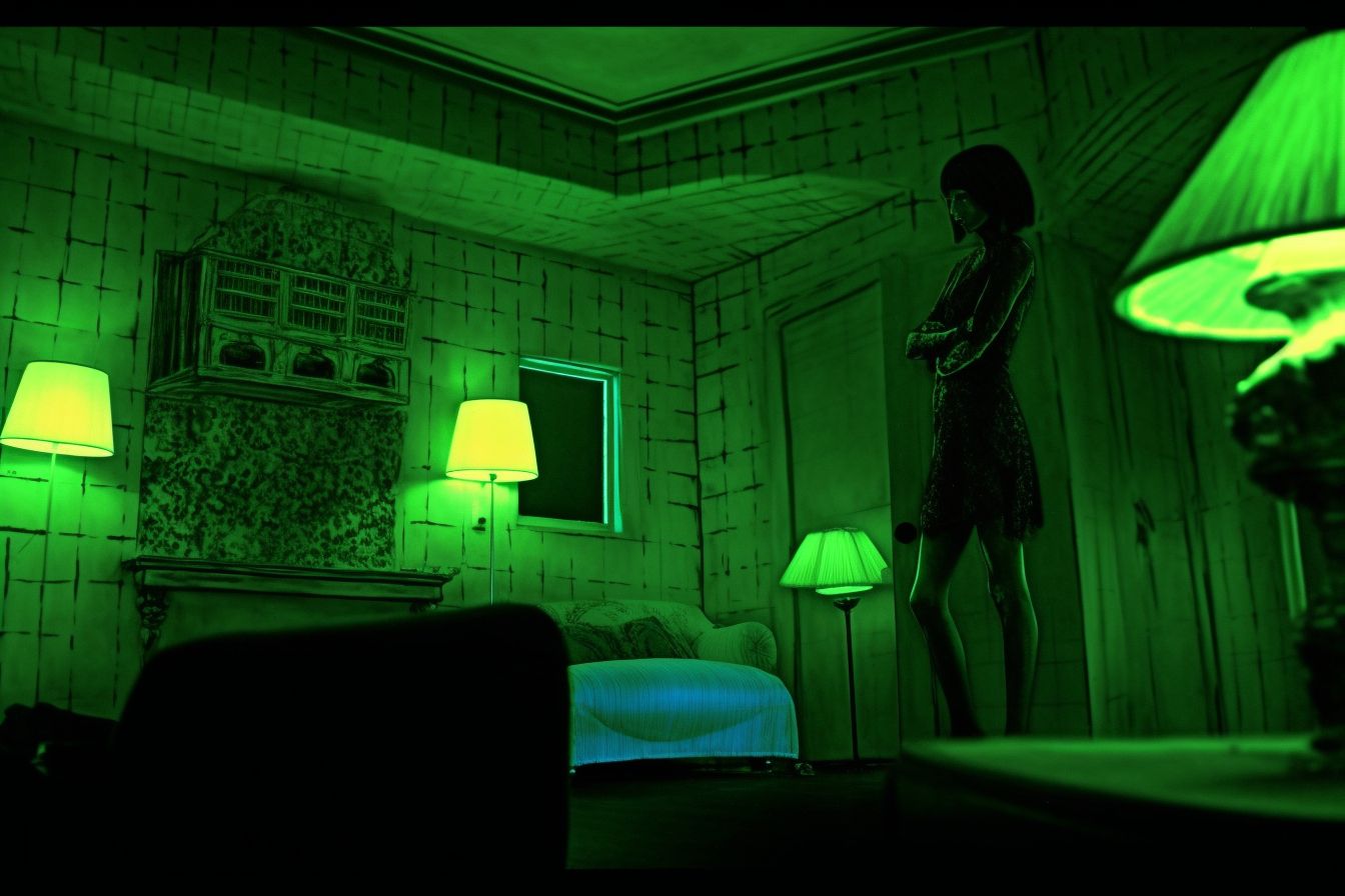 a woman standing in a dark room with green lights