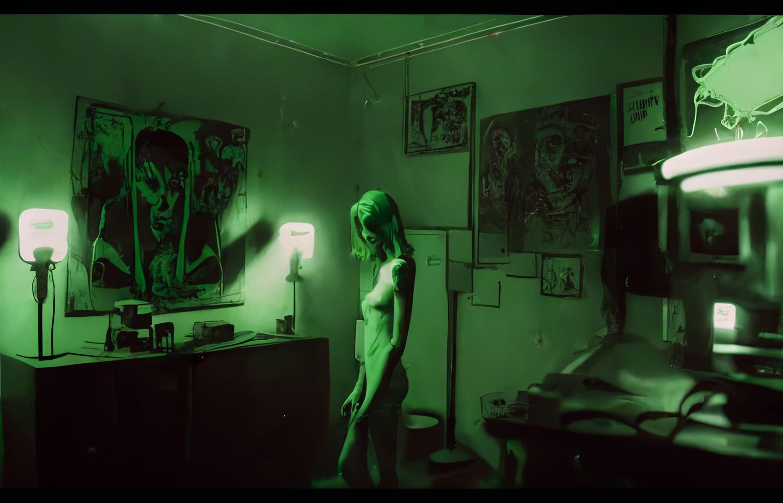 a woman standing in a room with green light