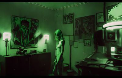 a woman standing in a room with green light