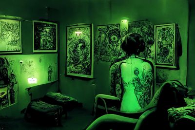 a woman in a green room with tattoos on her back