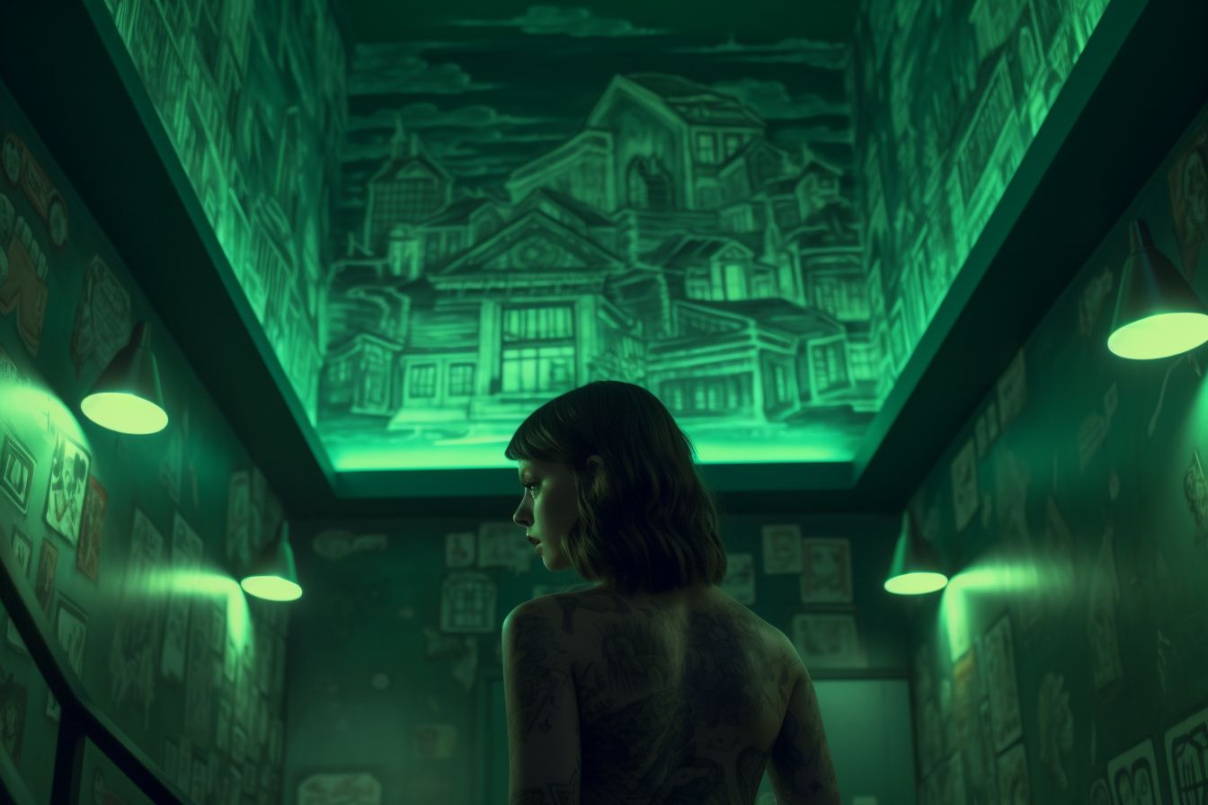 a woman standing in a room with a green ceiling