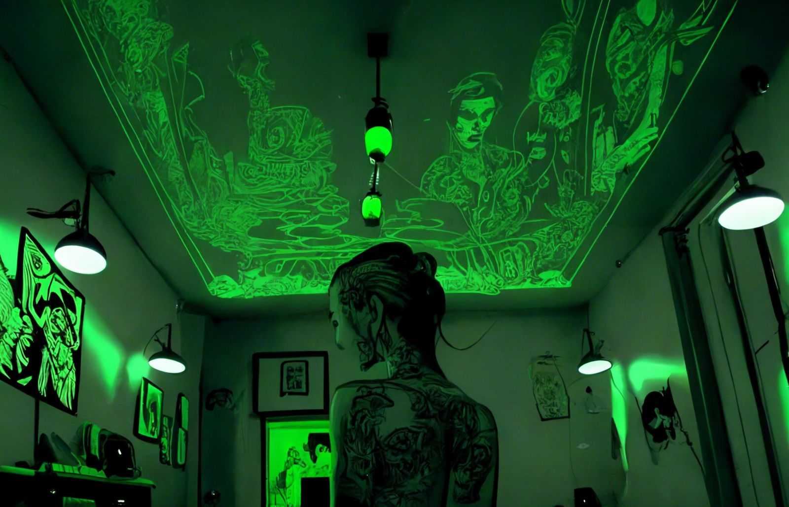 a woman standing in a room with a green glow on the ceiling