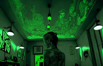 a woman standing in a room with a green glow on the ceiling