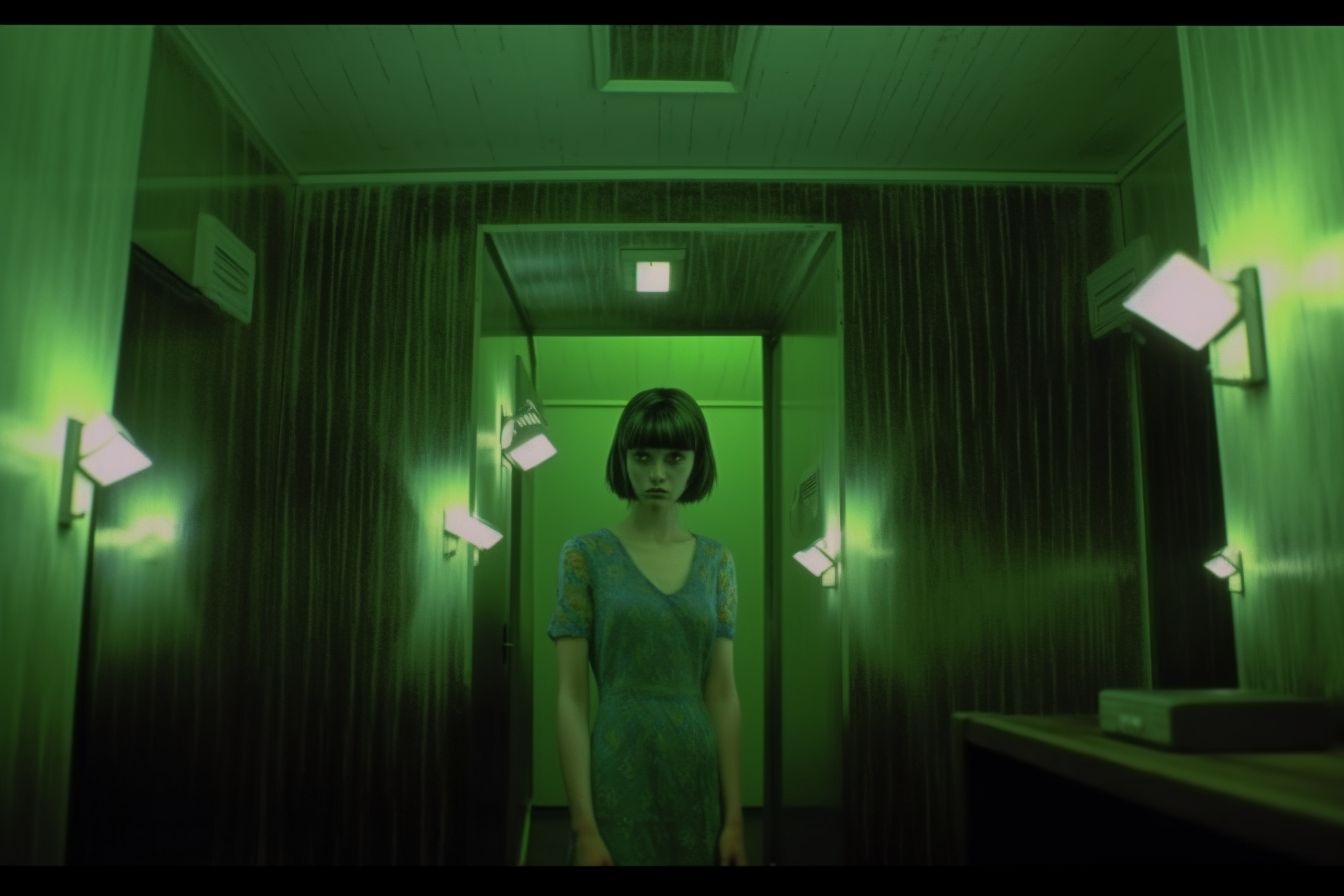 a woman standing in a hallway in a green room