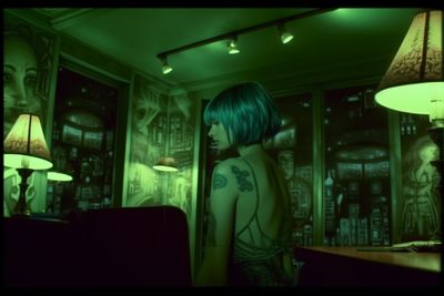 a woman with blue hair standing in a room