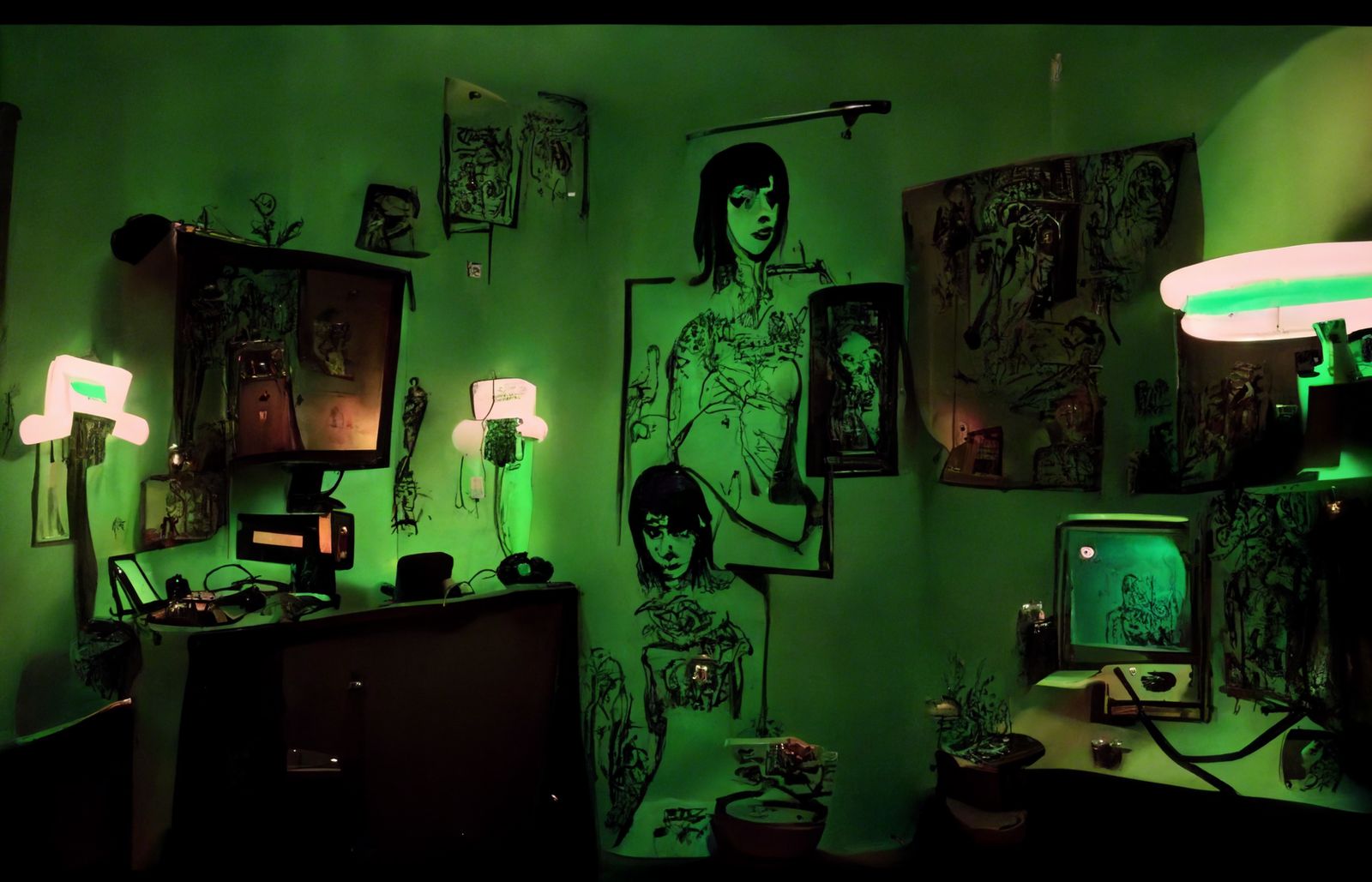 a room with green lighting and a wall with pictures on it