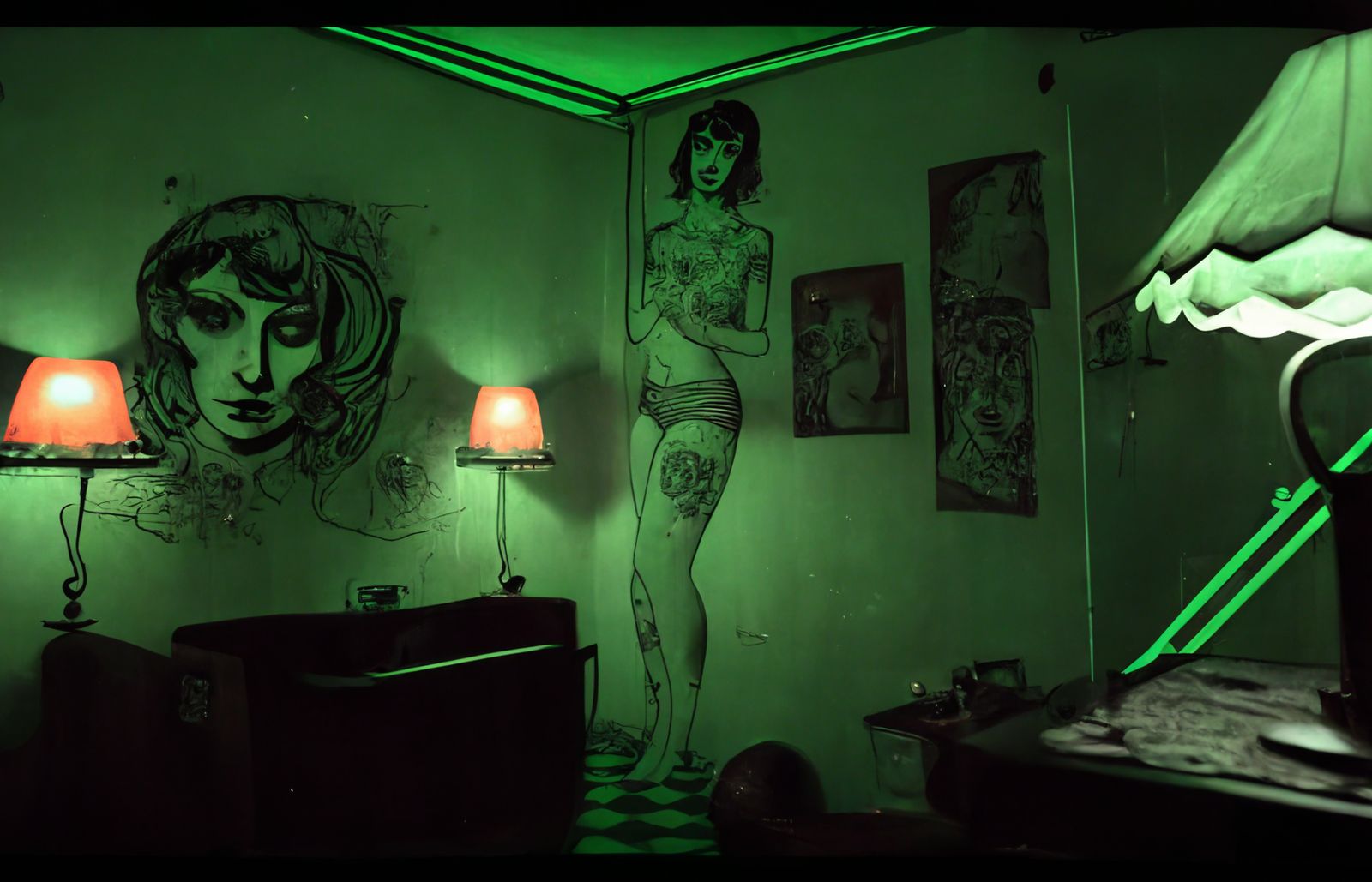 a green room with two lamps and pictures on the wall