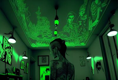 a woman standing in a room with a green glow on the ceiling