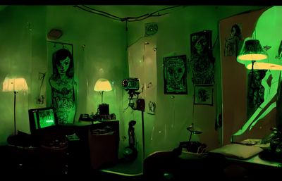 a room with green lighting and pictures on the wall