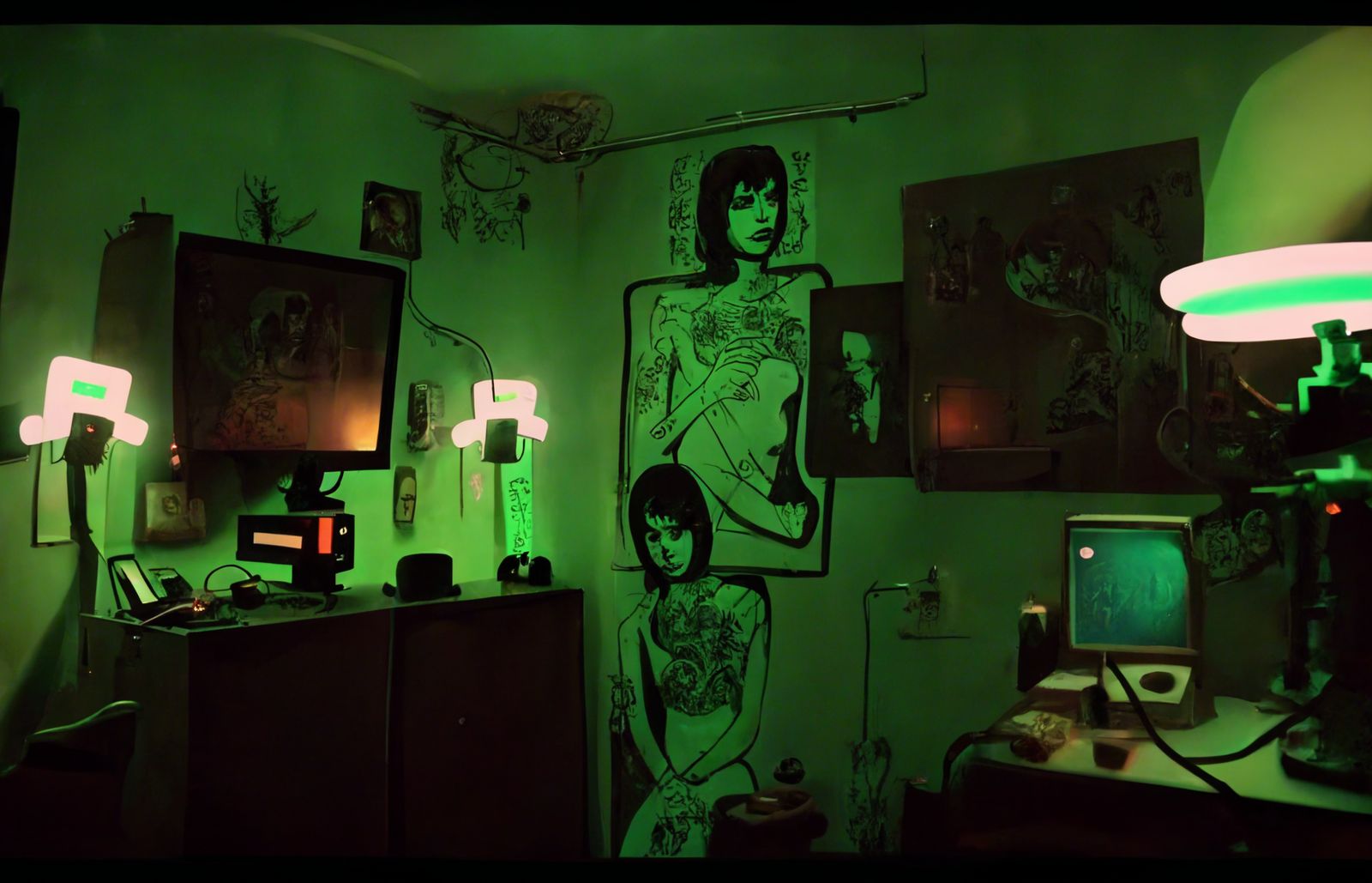 a green room with a computer and a drawing on the wall