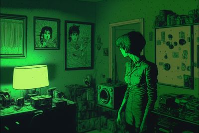 a person standing in a room with a green light